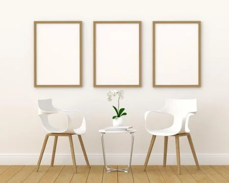 Three empty photo frame for mockup in modern living room, 3D render, 3D illus 写真素材