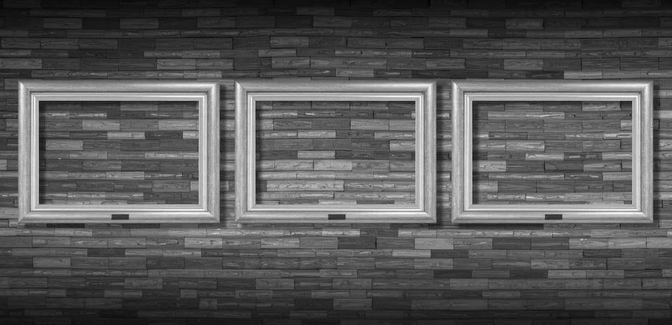 Three empty picture frames on a brick wall, object background Illustrazione stock
