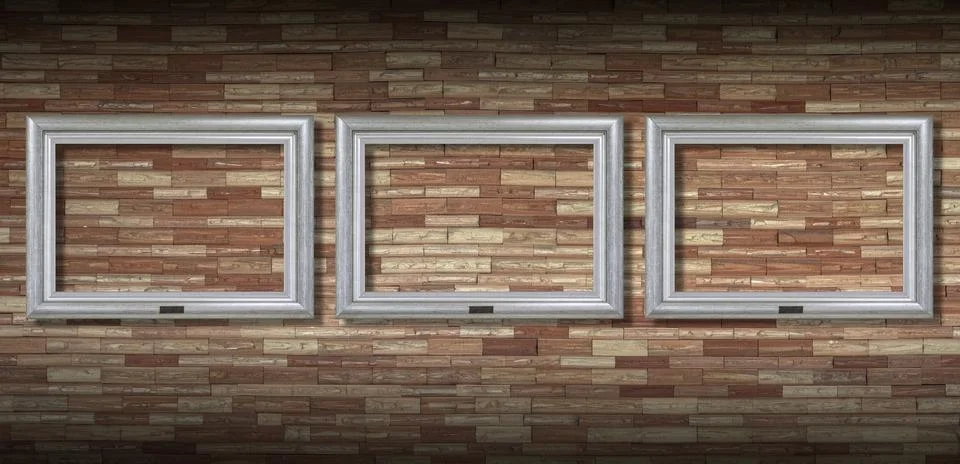 Three empty picture frames on a brick wall, object background Stockillustratie