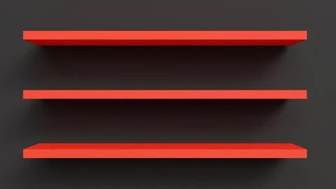 Three empty red wall shelves on gray background for product placement, inte.. Stock Illustration