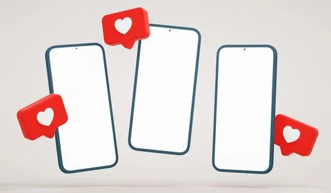Three empty screen phone mockup with social media heart notifications. Smartp Stock Photos