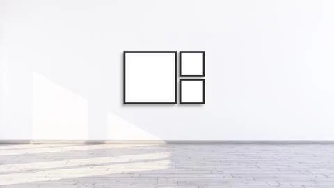 Three empty square black frame mock up in a white room, 3d illustration white Illustrazione stock