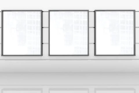 Three empty square frames are hanging on white wall in flat design gallery, with Stock Photos
