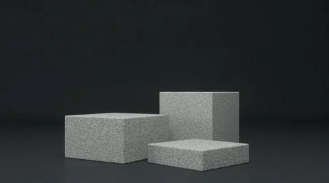 Three empty Stone stands and abstract Rough black geometry background. Podium イラスト素材