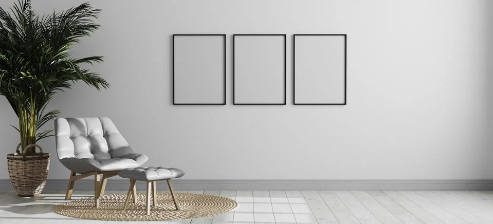 Three empty vertical picture frame mockup in bright modern room interior with 库存插图