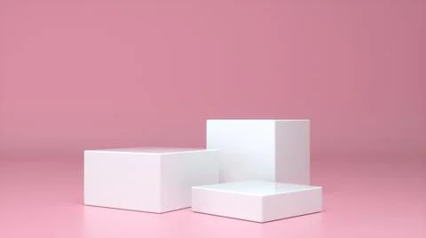 Three empty White stands and abstract Pink geometry background. Podium, pedes Ilustración de archivo