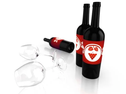 Three empty wine bottles and two empty glasses Illustrazione stock