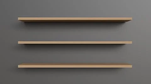 Three empty wooden wall shelves on a gray background for product placement,.. Stock Illustration