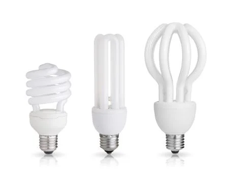 Three energy saving light bulb isolated on white background Stock Photos