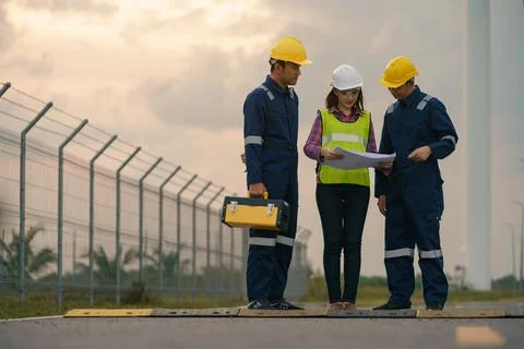 Three engineer in uniform with standing and checking wind turbine. Stock Photos