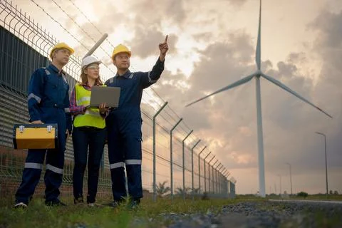 Three engineer in uniform with standing and checking wind turbine. 写真素材