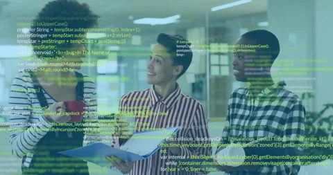 Three engineers sipping coffee while sip initiating scrolling code overlay Stock Footage 310324302