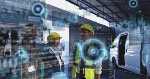 Three engineers wearing helmets scanning data holograms in warehouse, with Stock Photos