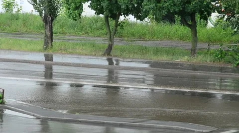 Three equipped cyclists riding bicycles in rain in summer Stock Footage 69018808
