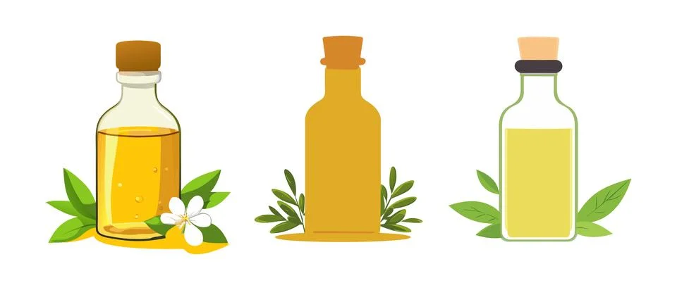 Three Essential Oils Bottles: Aromatic Oils, Herbal Extracts, and Natural R.. Stockillustratie