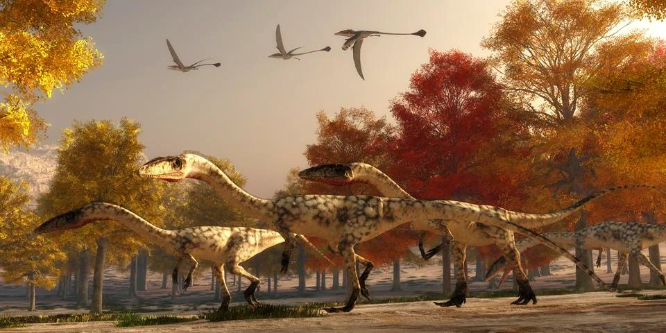Three Eudimorphodons fly above a group of Coelophysis in an autumn forest. Illustrazione stock