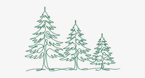 Three evergreen pine trees in a continuous line art drawing style with monoli イラスト素材