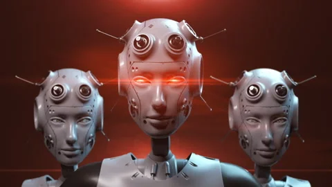 Three evil robots stand looking at the viewer watching what is happening. eye Stock-Footage 171823180