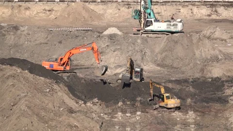 Three excavators are working Stock Footage 147250052