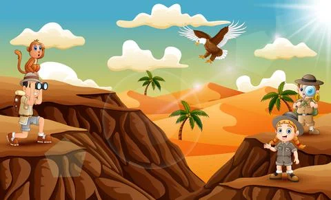 Three explorer kid in the desert Stock Illustration