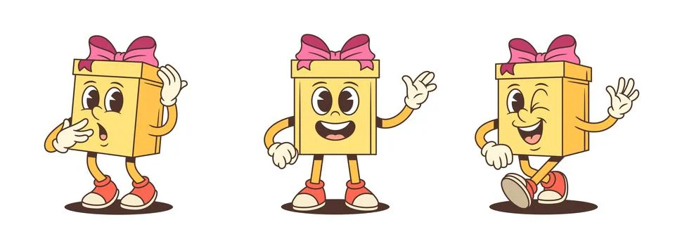 Three Expressive Gift Box Cartoon Characters With Different Emotions Vector S イラスト素材