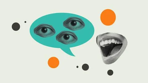 Three eyes on a speech bubble with a human mouth Stock Photos