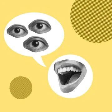Three eyes on a speech bubble with a human mouth Stock Photos