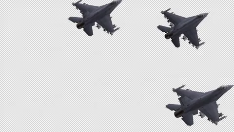 Three F-16 Jet Fighters - Flying Transition - Side Angle View - Alpha Channel Stock Footage 254829440