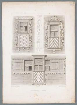Three faces on windows with ornamental elements of a house in the canton o... 스톡 사진