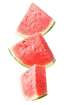 Three falling slice red watermelon isolated on white Stock Photos