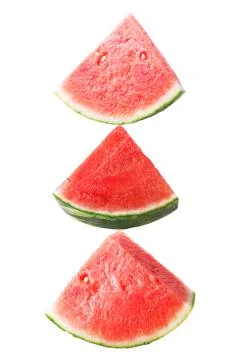 Three falling slice watermelon isolated on white Stock Photos