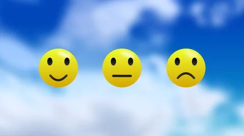Three feedback and review emoji on blue sky animation image. Stock Illustration