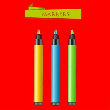 Three felt-tip pens on a red Stock Illustration