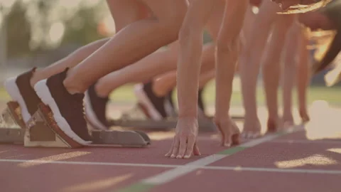 Three female athletes simultaneously start running marathon, rivalry, slow Stock Footage 158554058