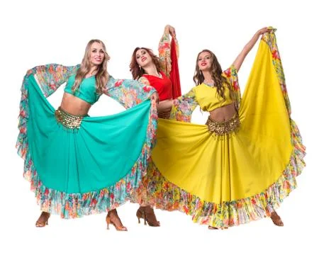 Three female dancers posing, isolated on white in full length Stock Photos
