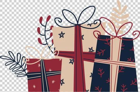 Three festive gift boxes are floating in flat design with bows, foliage on Stock Illustration
