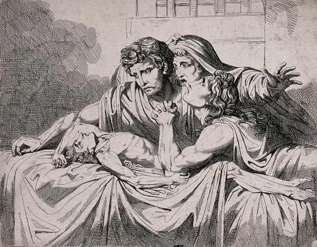 Three figures grieve the death of a young man. Etching. Stock Illustration