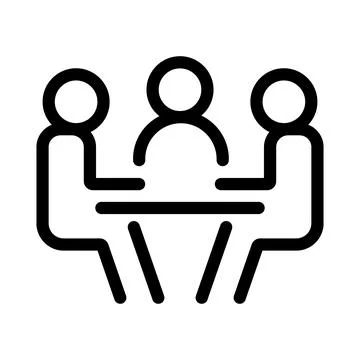 Three figures seated around a table in a simple line meeting discussion Stock Illustration