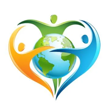 Three figures surround Earth in a shape of a heart イラスト素材