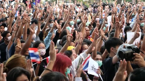 Three finger symbol on Thailand's pro-democracy Stock Footage 131455286
