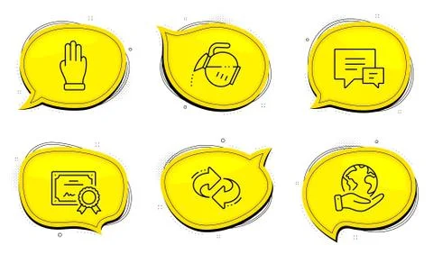 Three fingers, Comment and Refresh icons set. Coffee pot sign. Click palm, Talk Illustrazione stock