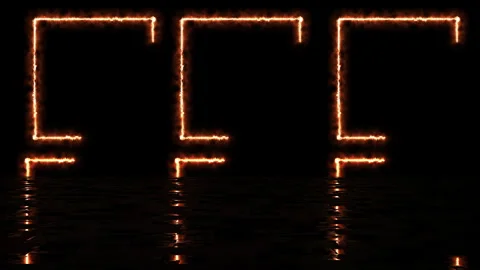 Three fire-burning square frames moving glowing black reflection Stock Footage 274429486
