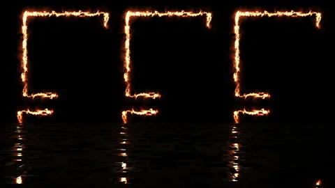 Three fire-burning square frames moving glowing black reflection Stock Footage 274429488