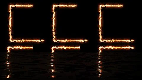 Three fire-burning square frames moving glowing black with its reflection. .. Stock Illustration