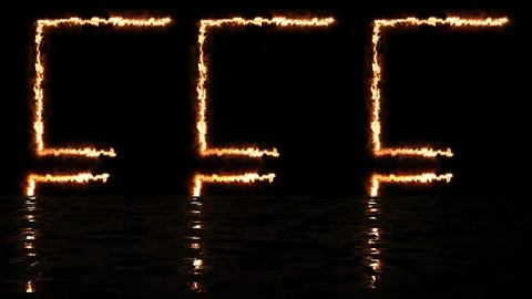 Three fire-burning square frames moving glowing black with its reflection. .. Illustrazione stock