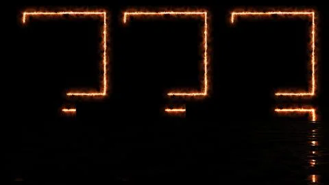 Three fire-burning square frames moving glowing black with its reflection. .. Illustrazione stock