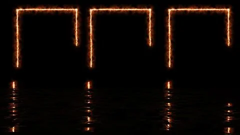 Three fire-burning square frames moving glowing black with its reflection. .. Illustrazione stock