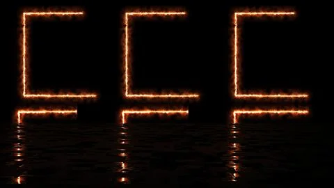 Three fire-burning square frames moving glowing black with its reflection. .. Illustrazione stock