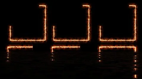 Three fire-burning square frames moving glowing black with its reflection. .. Illustrazione stock