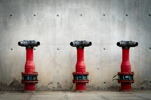 Three fire safety pump on cement floor of concrete building. Deluge system of 스톡 사진